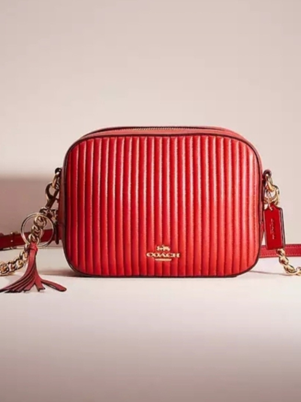 Coach Quilted Red Camera Bag with Chain Strap